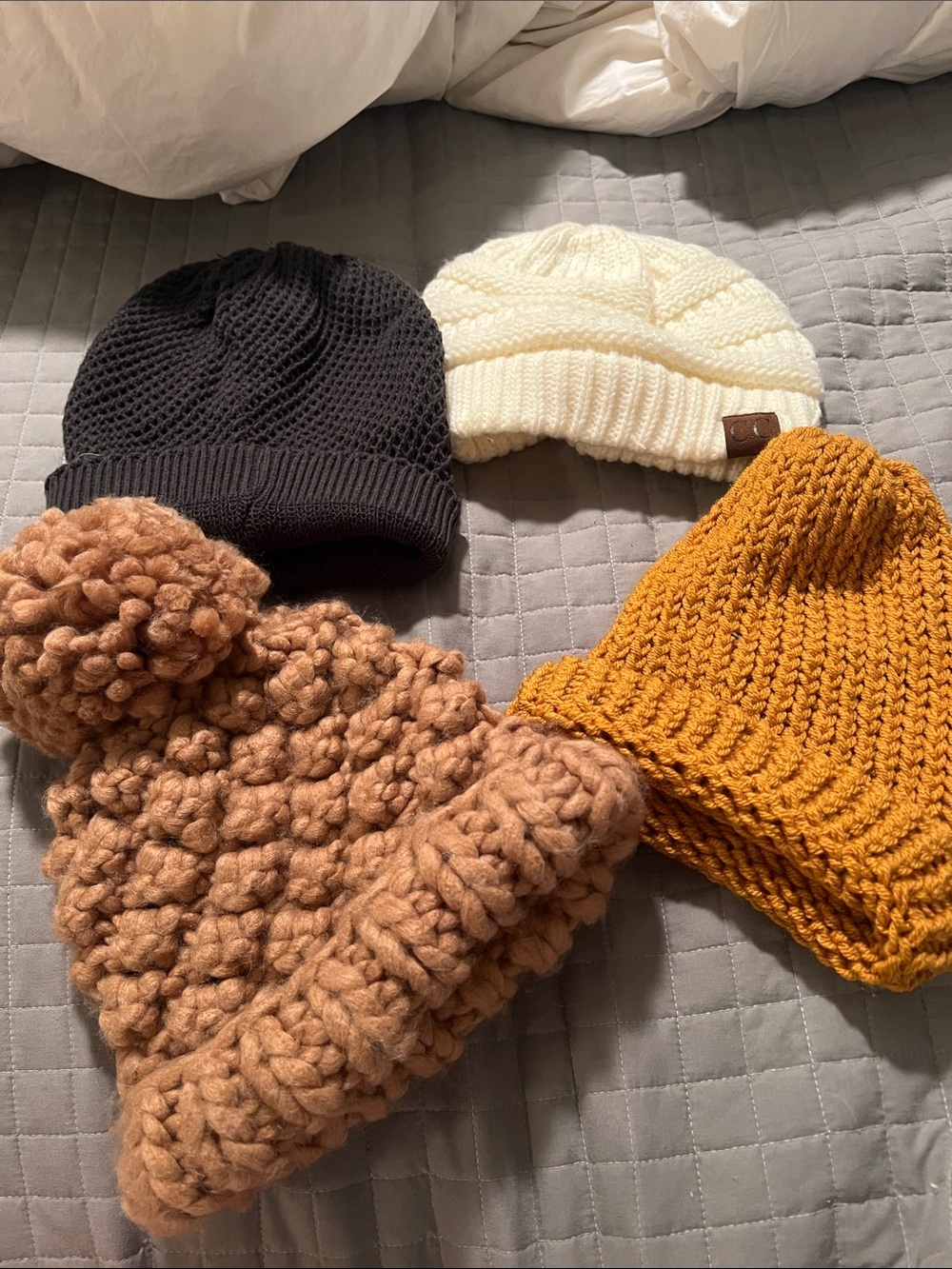 Abercrombie & Fitch brown hat, CC white hat, grey & gold hat